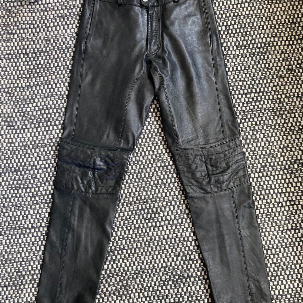 Black Leather Moto Biker Pants, 30x31